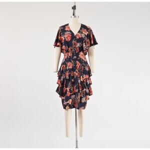 Vintage 80s 90s Black Floral Ruffle Romantic Tiered Party Dress